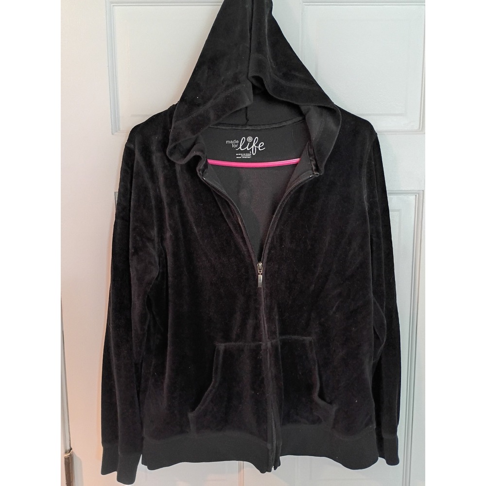 Made for Life Womens Black Velour Full Zip Hoodie Sweatshirt Size Large